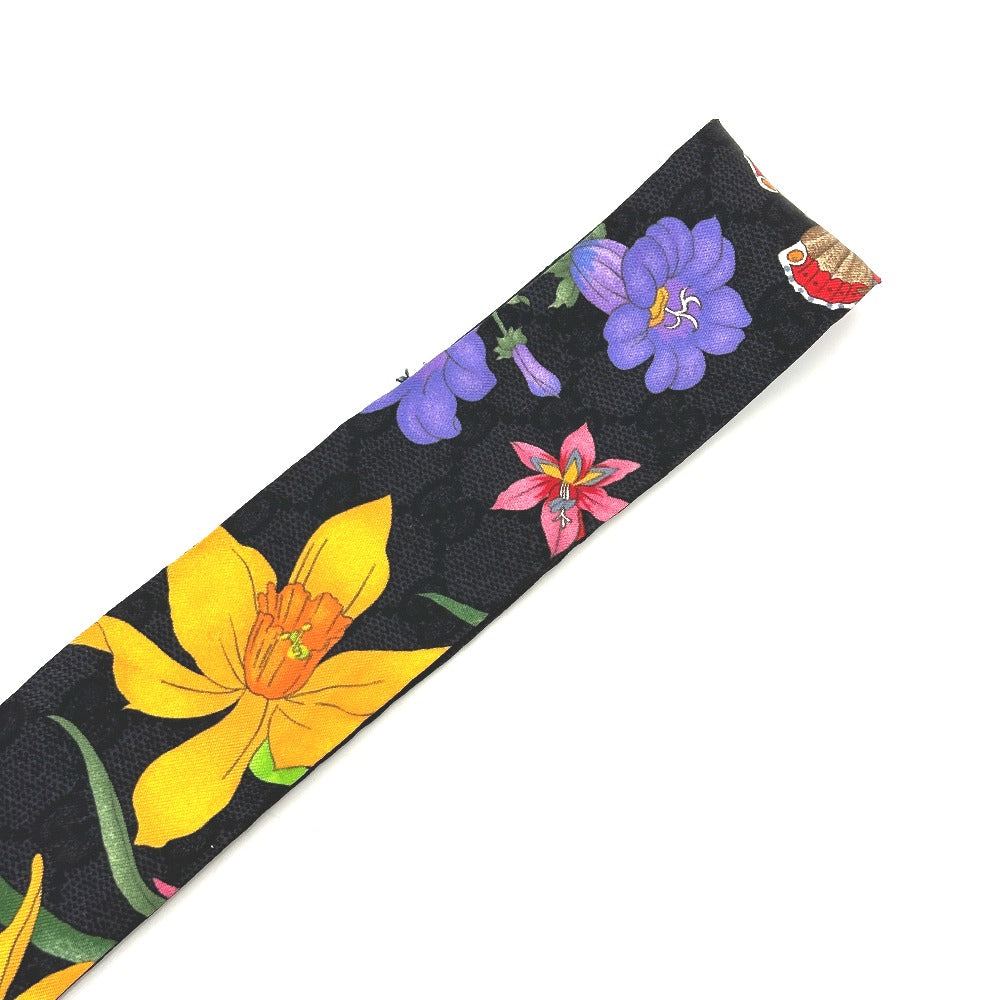 GUCCI 761704 GGフローラ プリント ネックボウ スカーフ シルク レディース ブラック