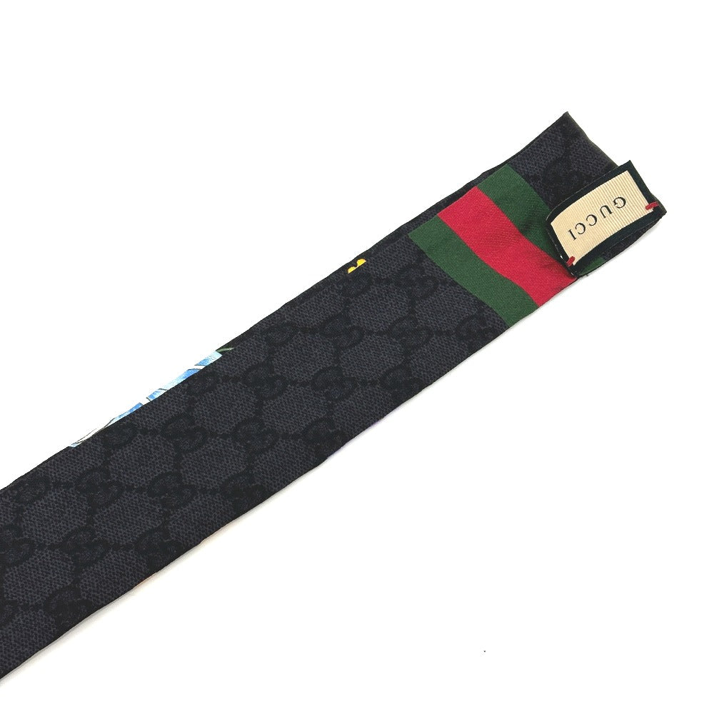 GUCCI 761704 GGフローラ プリント ネックボウ スカーフ シルク レディース ブラック