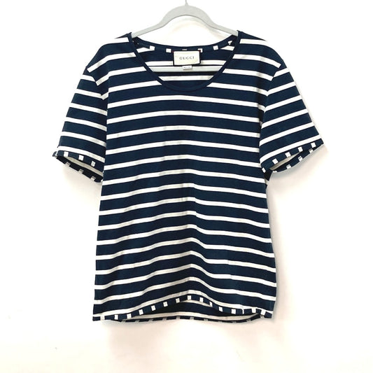GUCCI 574931 Striped Top, Short Sleeve Cotton T-Shirt, Men's, Navy