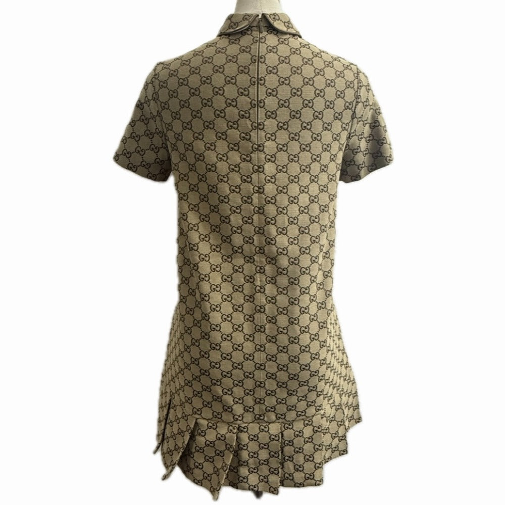 GUCCI 804478 チルドレンズ GGキャンバス アパレル 総柄 丸襟 プリーツ ワンピース コットン レディース ベージュ