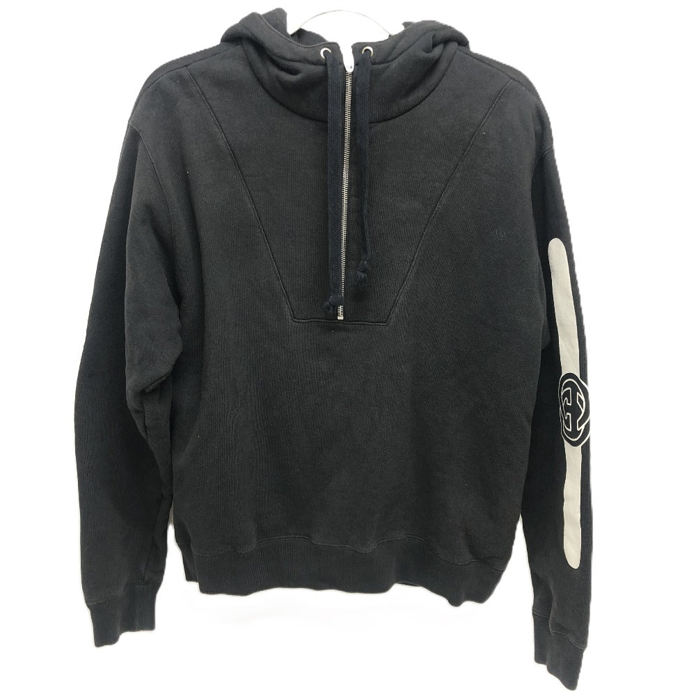 GUCCI 627079 20AW Arm Logo Print Half-Zip Apparel Top Pullover Hoodie Cotton Men's Black