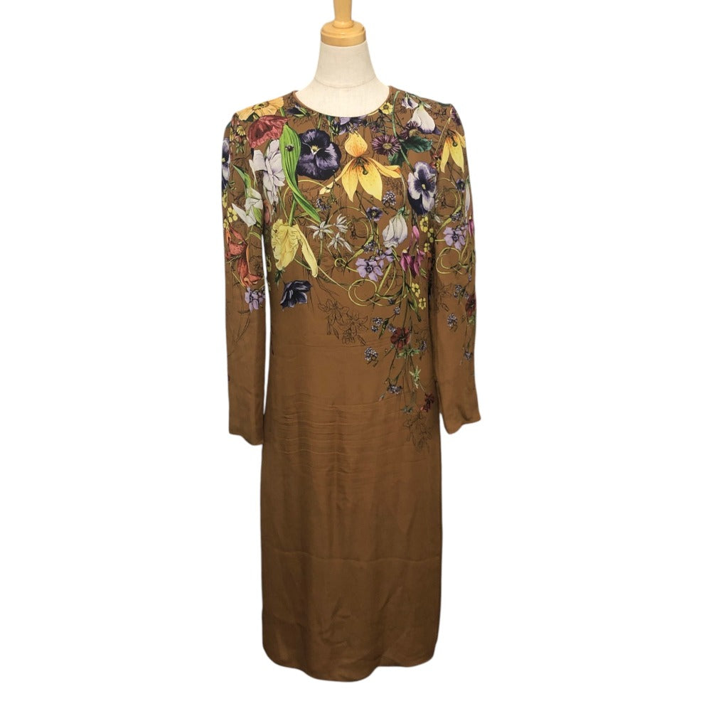 GUCCI Flora line Apparel, long-sleeved, floral print, lined. Dress silk Brown Used