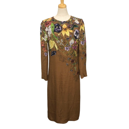 GUCCI Flora line Apparel, long-sleeved, floral print, lined. Dress silk Brown Used