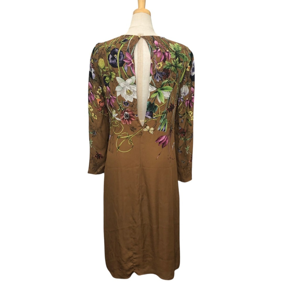 GUCCI Flora line Apparel, long-sleeved, floral print, lined. Dress silk Brown Used