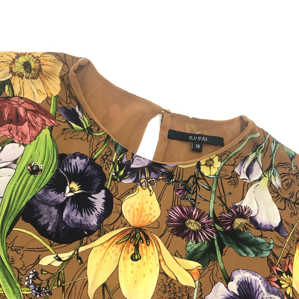 GUCCI Flora line Apparel, long-sleeved, floral print, lined. Dress silk Brown Used