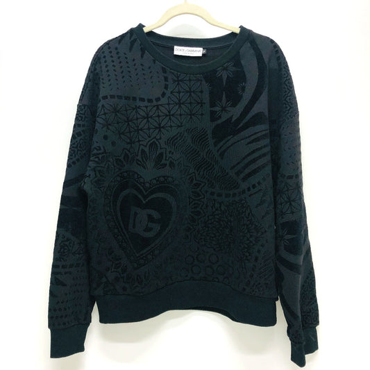 DOLCE&GABBANA ハート 総柄 アパレル クルーネック スウェット トップス ベロア トレーナー コットン メンズ ブラック - brandshop-reference