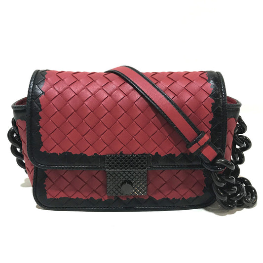 BOTTEGA VENETA 339270 Intrecciato Mini Chain Shoulder Bag in Lambskin, Red and Black