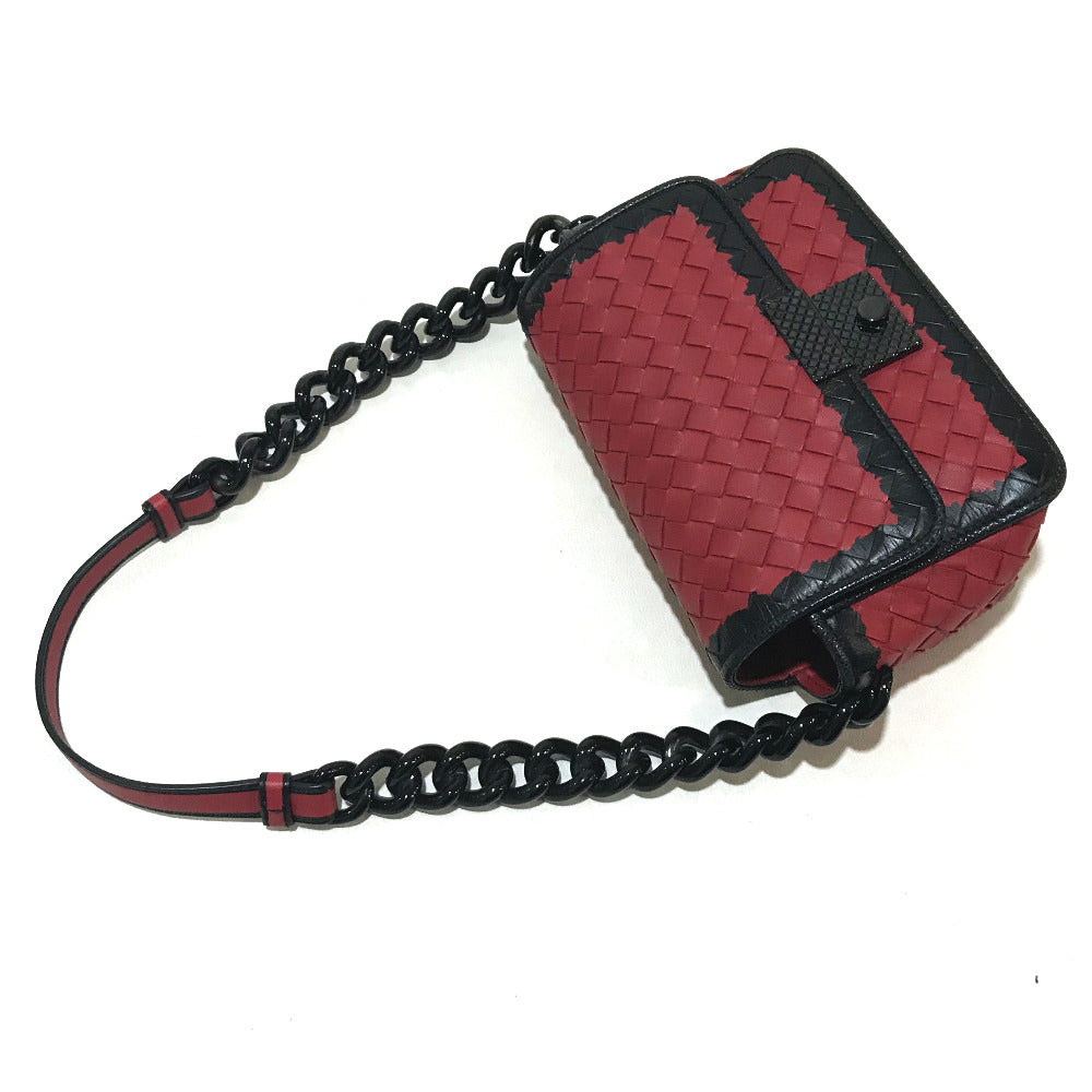 BOTTEGA VENETA 339270 イントレチャート ミニチェーン カバン ショルダーバッグ ラムスキン レディース レッド×ブラック