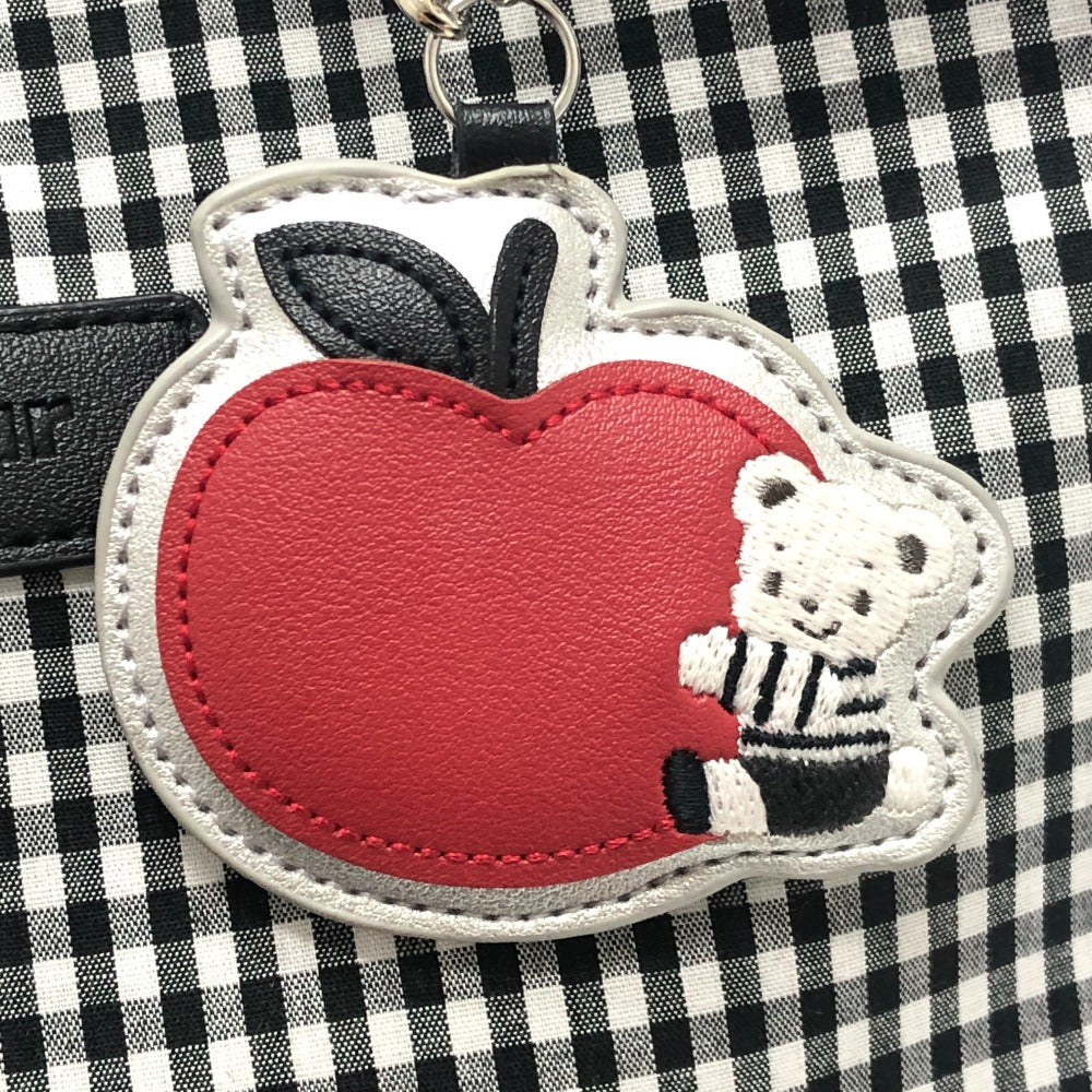 familia Gingham check Mini Tote Bag with Apple Charm Hand Bag cotton Black/White Used