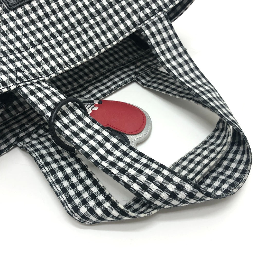 familia Gingham check Mini Tote Bag with Apple Charm Hand Bag cotton Black/White Used
