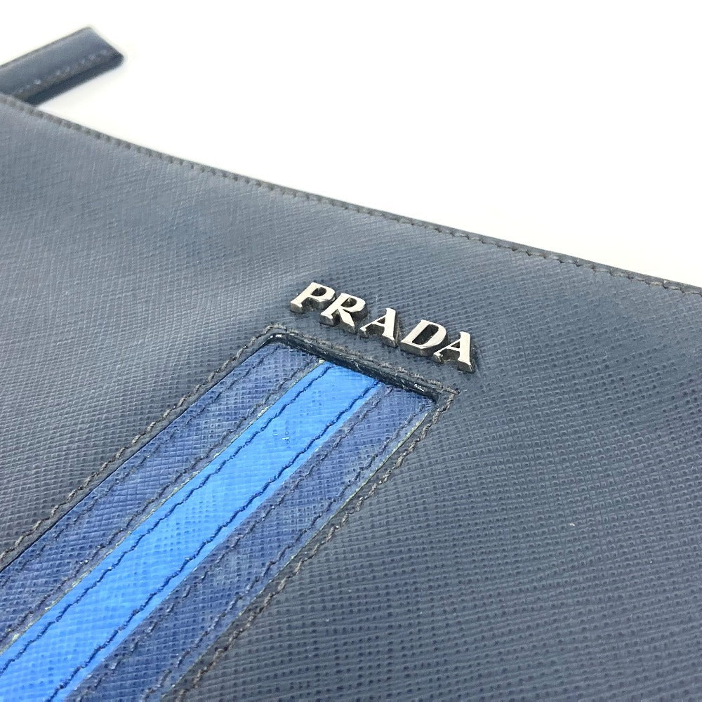 PRADA AV5841 ロゴ カバン ポーチ ストライプ L字ファスナー クラッチバッグ サフィアーノレザ－ ユニセックス ネイビー - brandshop-reference