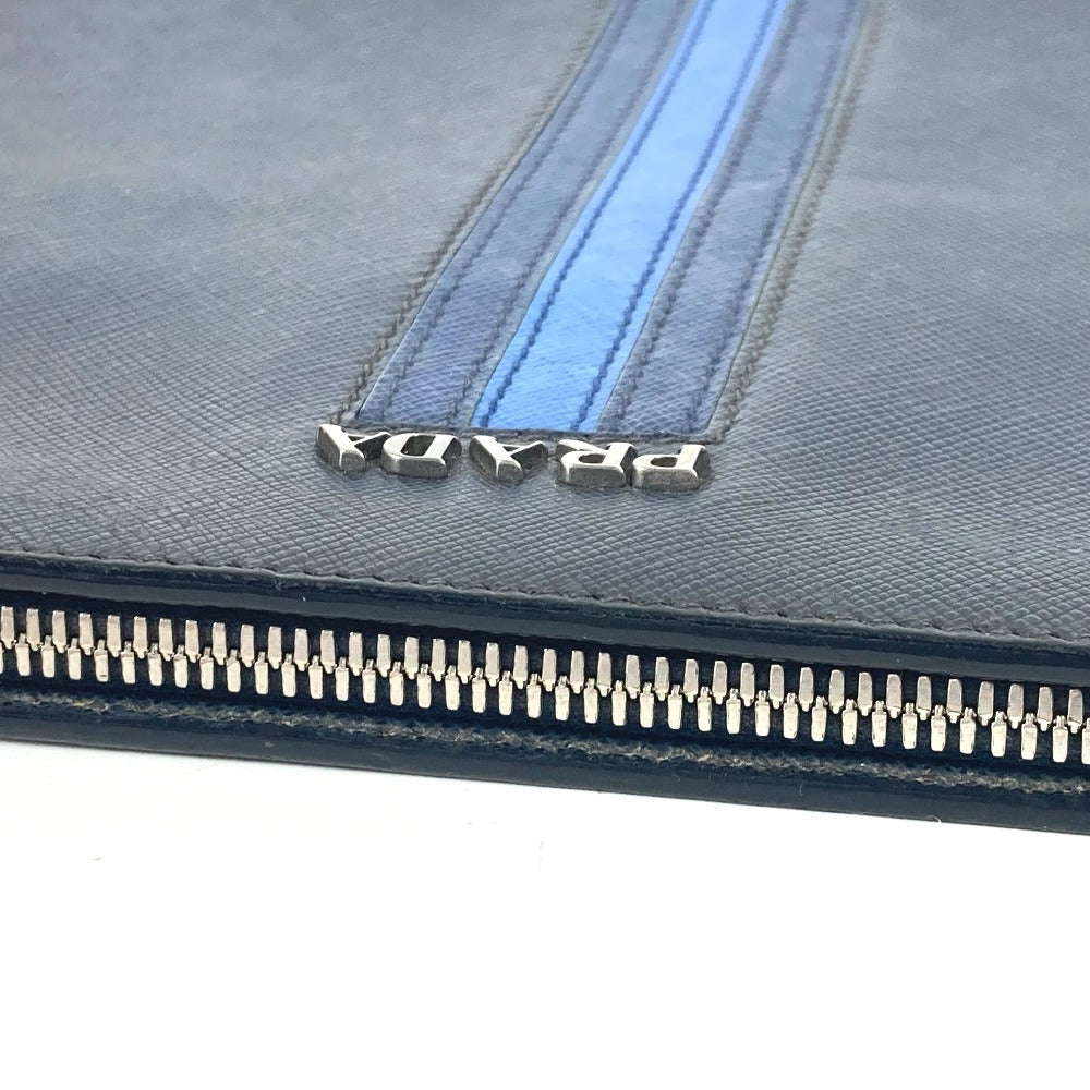 PRADA AV5841 ロゴ カバン ポーチ ストライプ L字ファスナー クラッチバッグ サフィアーノレザ－ ユニセックス ネイビー - brandshop-reference