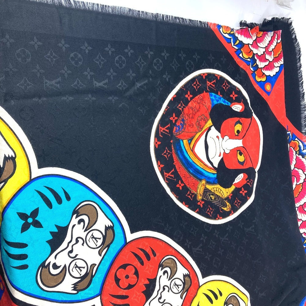 LOUIS VUITTON MP1944 歌舞伎 山本寛斎 ショールモノグラム　カブキスティッカー 大判 ストール フリンジ マフラー ショール シルク ユニセックス ブラック - brandshop-reference