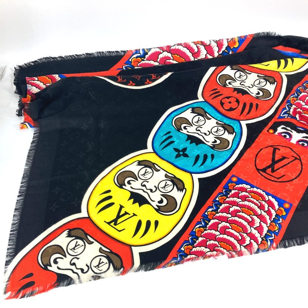 LOUIS VUITTON MP1944 歌舞伎 山本寛斎 ショールモノグラム　カブキスティッカー 大判 ストール フリンジ マフラー ショール シルク ユニセックス ブラック - brandshop-reference