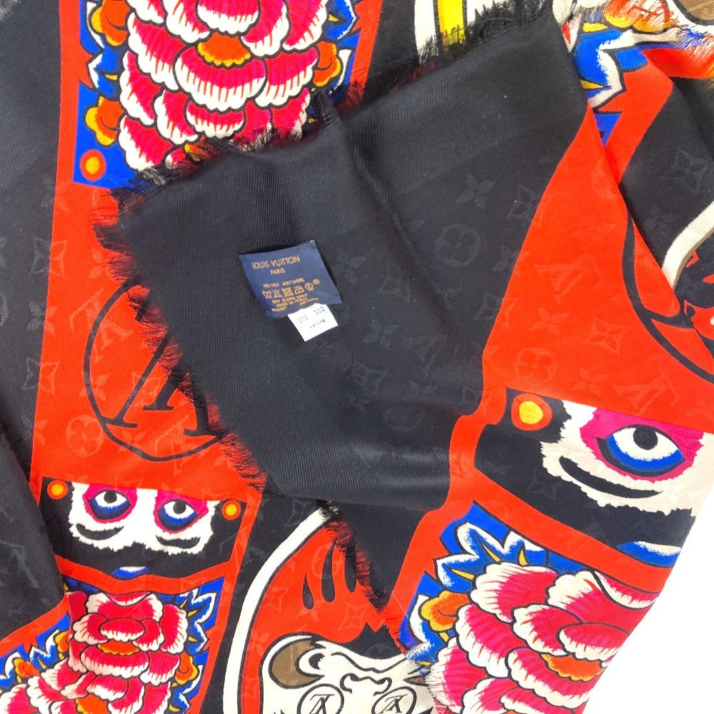 LOUIS VUITTON MP1944 歌舞伎 山本寛斎 ショールモノグラム　カブキスティッカー 大判 ストール フリンジ マフラー ショール シルク ユニセックス ブラック - brandshop-reference