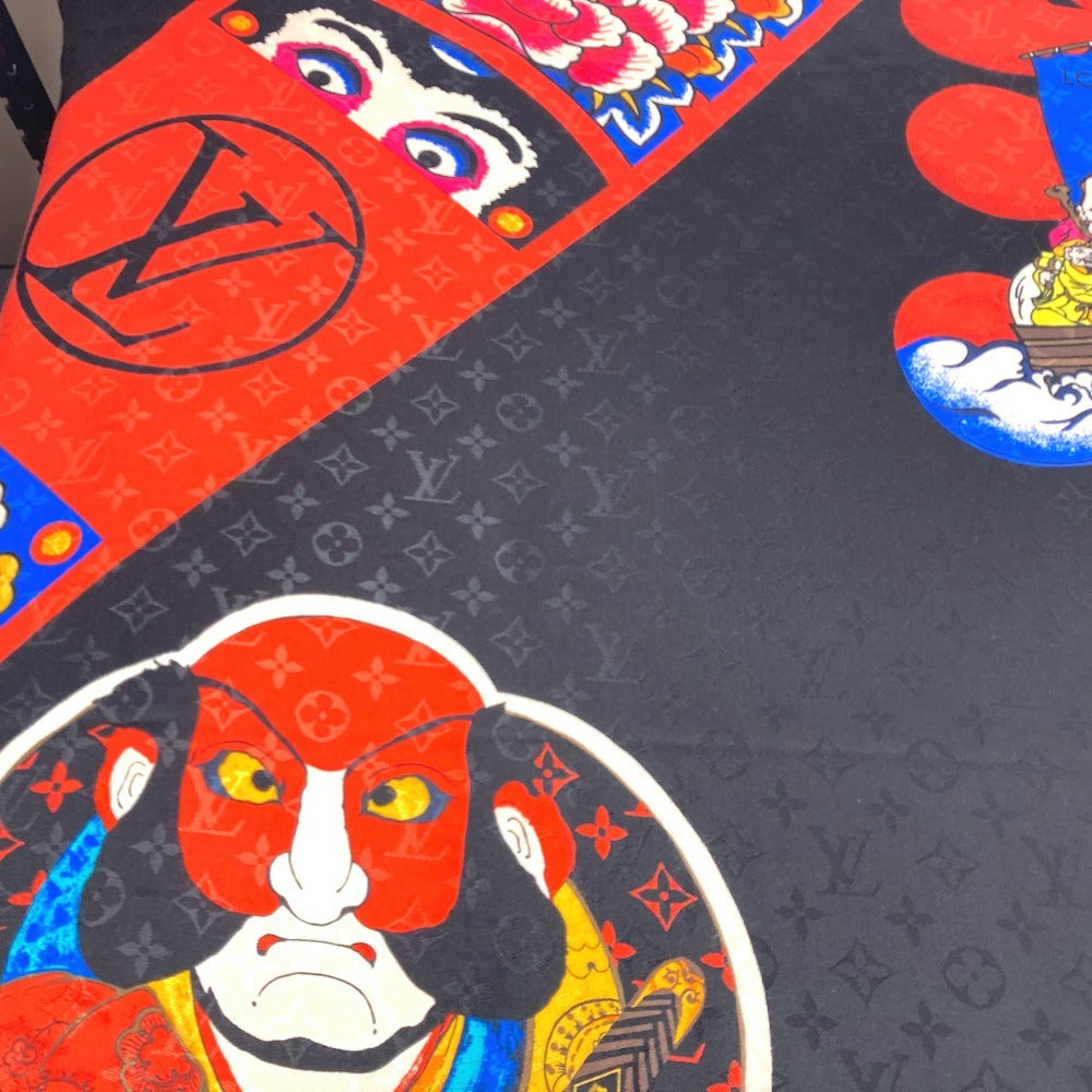 LOUIS VUITTON MP1944 歌舞伎 山本寛斎 ショールモノグラム　カブキスティッカー 大判 ストール フリンジ マフラー ショール シルク ユニセックス ブラック - brandshop-reference