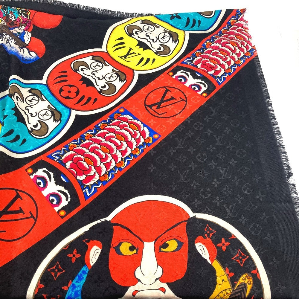 LOUIS VUITTON MP1944 歌舞伎 山本寛斎 ショールモノグラム　カブキスティッカー 大判 ストール フリンジ マフラー ショール シルク ユニセックス ブラック - brandshop-reference