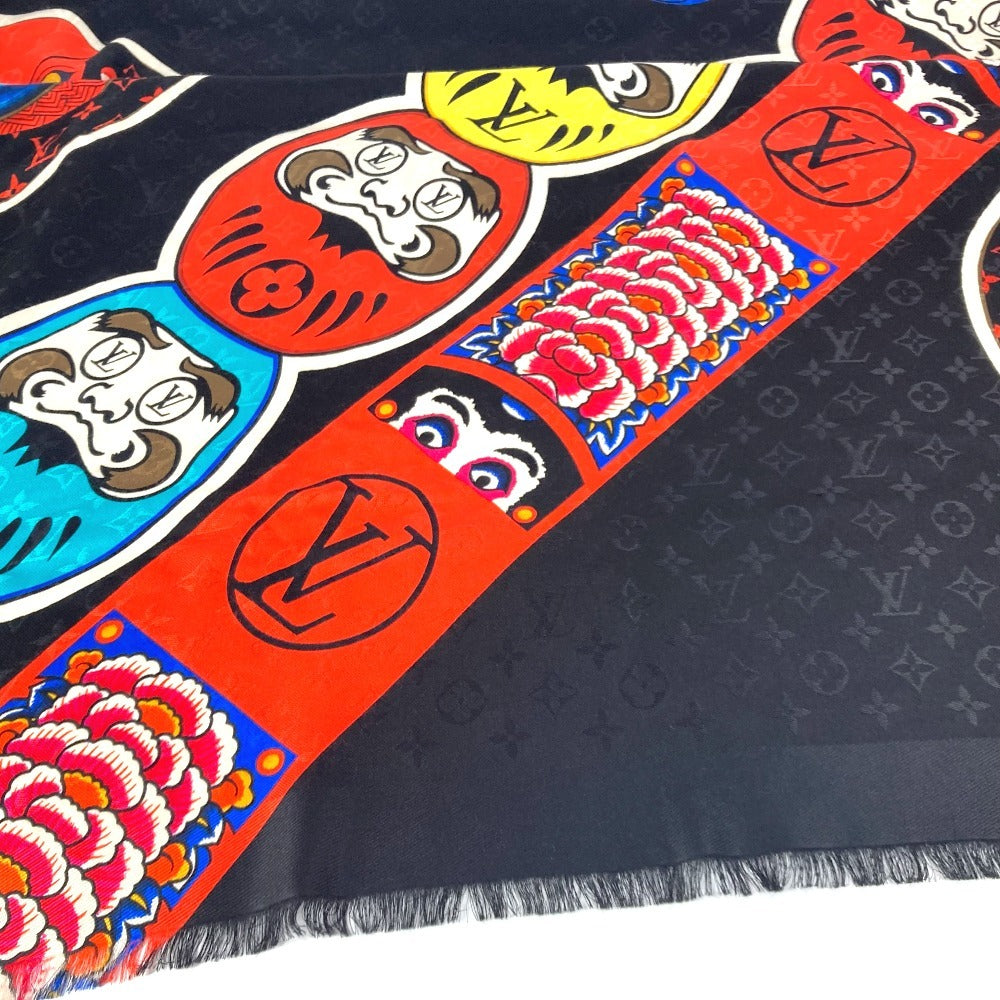 LOUIS VUITTON MP1944 歌舞伎 山本寛斎 ショールモノグラム　カブキスティッカー 大判 ストール フリンジ マフラー ショール シルク ユニセックス ブラック - brandshop-reference