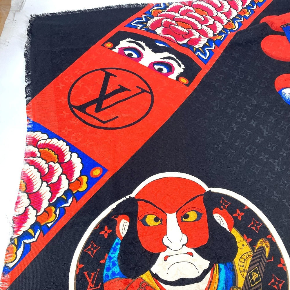 LOUIS VUITTON MP1944 歌舞伎 山本寛斎 ショールモノグラム　カブキスティッカー 大判 ストール フリンジ マフラー ショール シルク ユニセックス ブラック - brandshop-reference