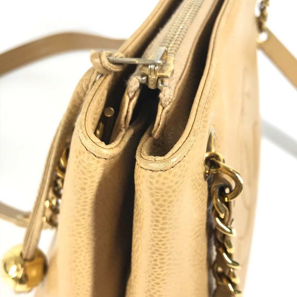 CHANEL ヴィンテージ CC ココマーク ココボール カバン 肩掛け トートバッグ チェーンバッグ ショルダーバッグ キャビアスキン レディース ベージュ