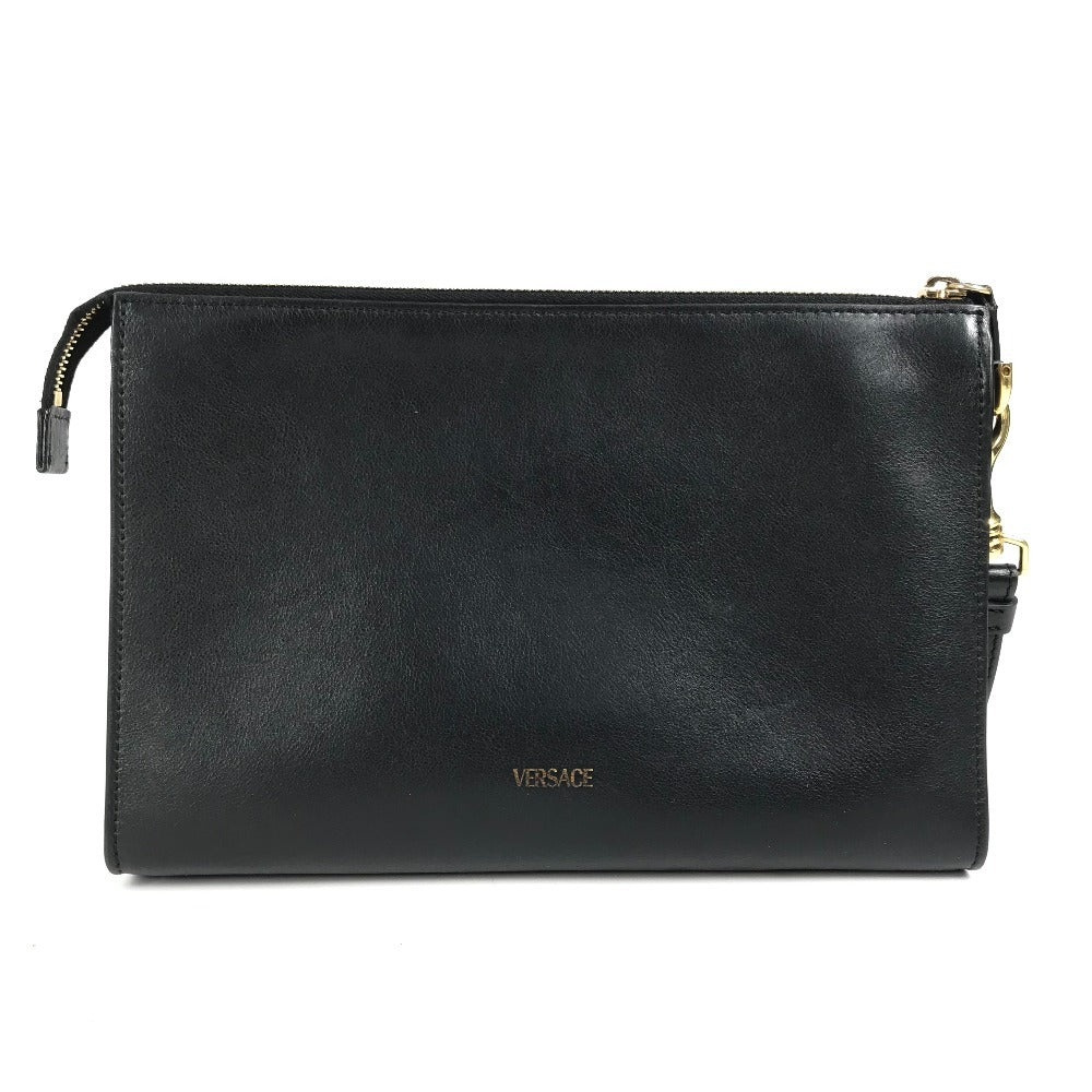 VERSACE ストラップ付 ロゴ カバン セカンドバッグ クラッチバッグ レザー ユニセックス ブラック