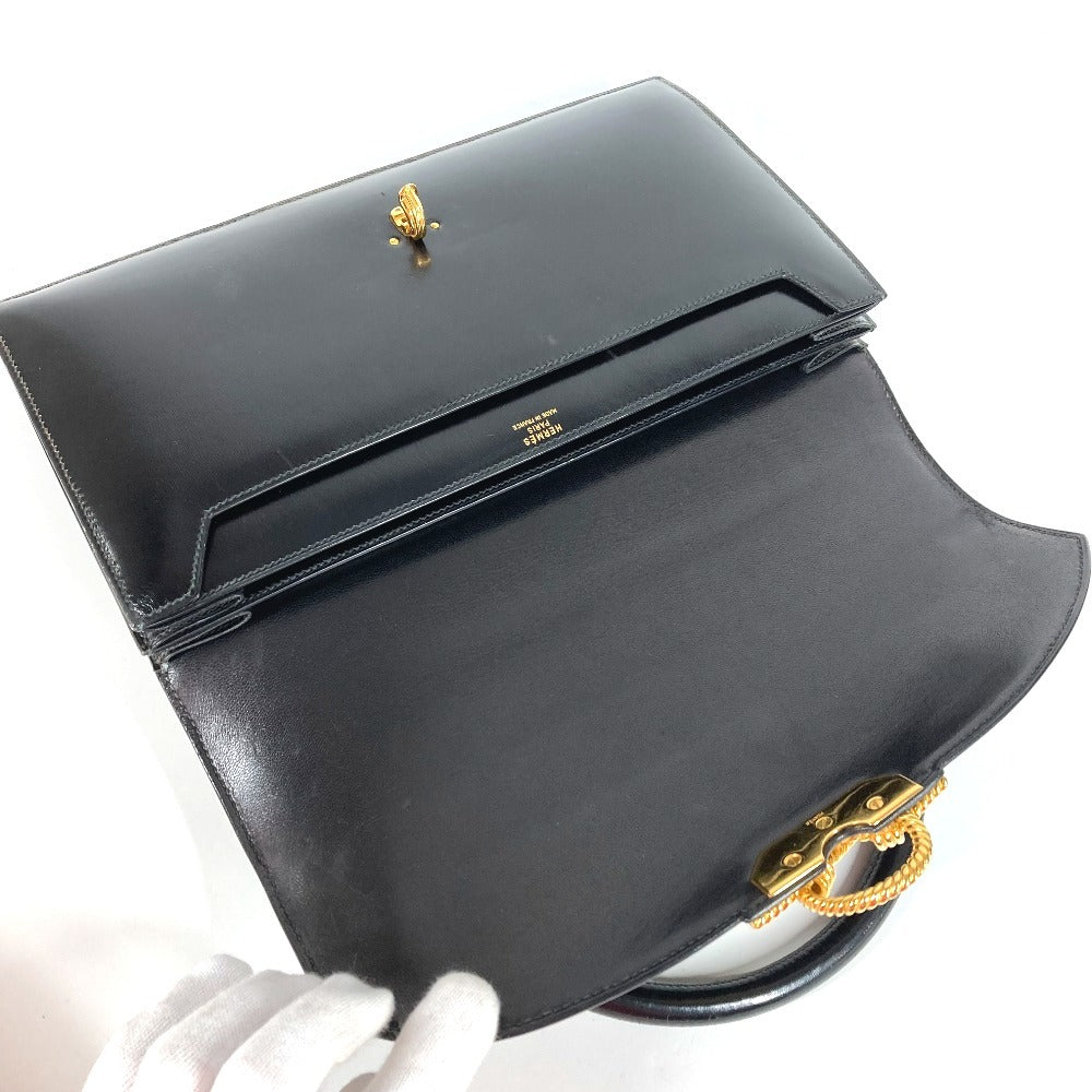 HERMES ヴィンテージ コルドリエール カバン フラップ ハンドバッグ レザー ユニセックス ブラック