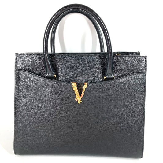 VERSACE VIRTUS ヴィルトゥス ロゴ Vロゴ グレカ カバン トートバッグ ハンドバッグ レザー ユニセックス ブラック