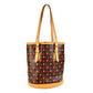 LOUIS VUITTON M95012 Monogram Cherry Bucket PM by Takashi Murakami. This shoulder bag features a Monogram Cherry canvas design and is available in red.