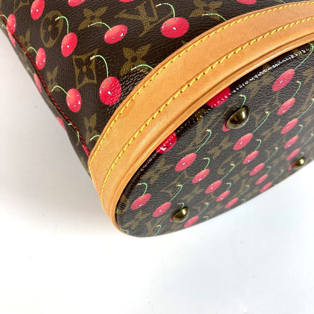 LOUIS VUITTON M95012 Monogram Cherry Bucket PM by Takashi Murakami. This shoulder bag features a Monogram Cherry canvas design and is available in red.
