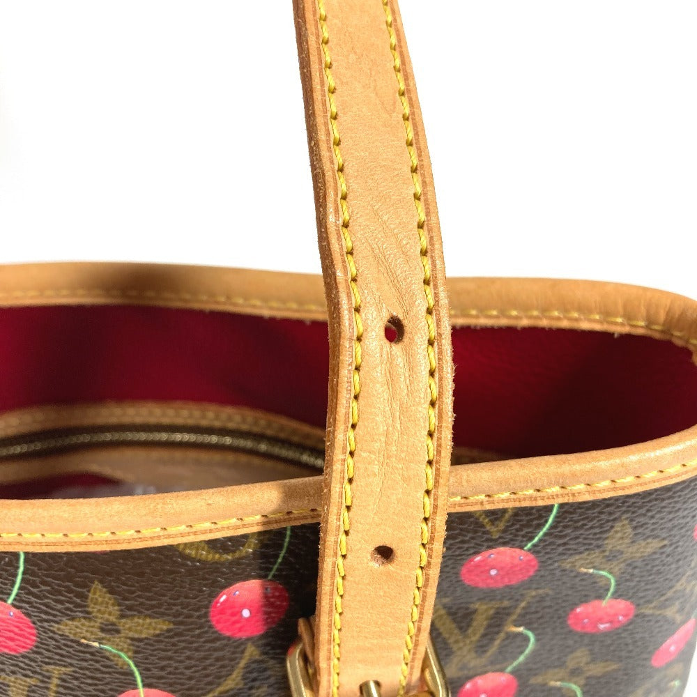 LOUIS VUITTON M95012 Monogram Cherry Bucket PM by Takashi Murakami. This shoulder bag features a Monogram Cherry canvas design and is available in red.