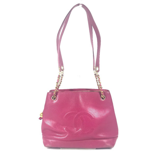CHANEL ヴィンテージ CC ココマーク ロゴ ココボール Wチェーンバッグ トートバッグ カバン ショルダーバッグ キャビアスキン レディース ピンク