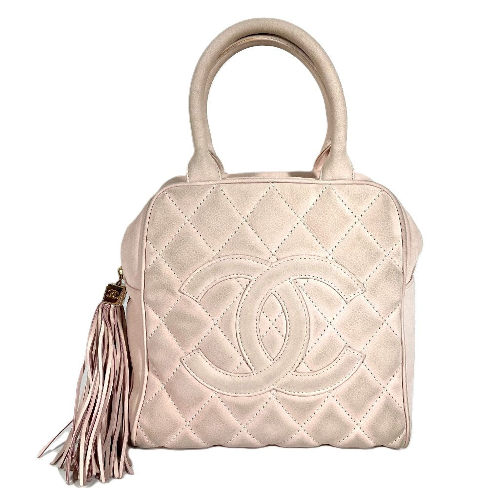 CHANEL Matelasse Quilted CC Coco Mark Logo Bag with Fringe and Tassel, Mini Boston Bag, Nubuck Leather, Women's, Light Pink