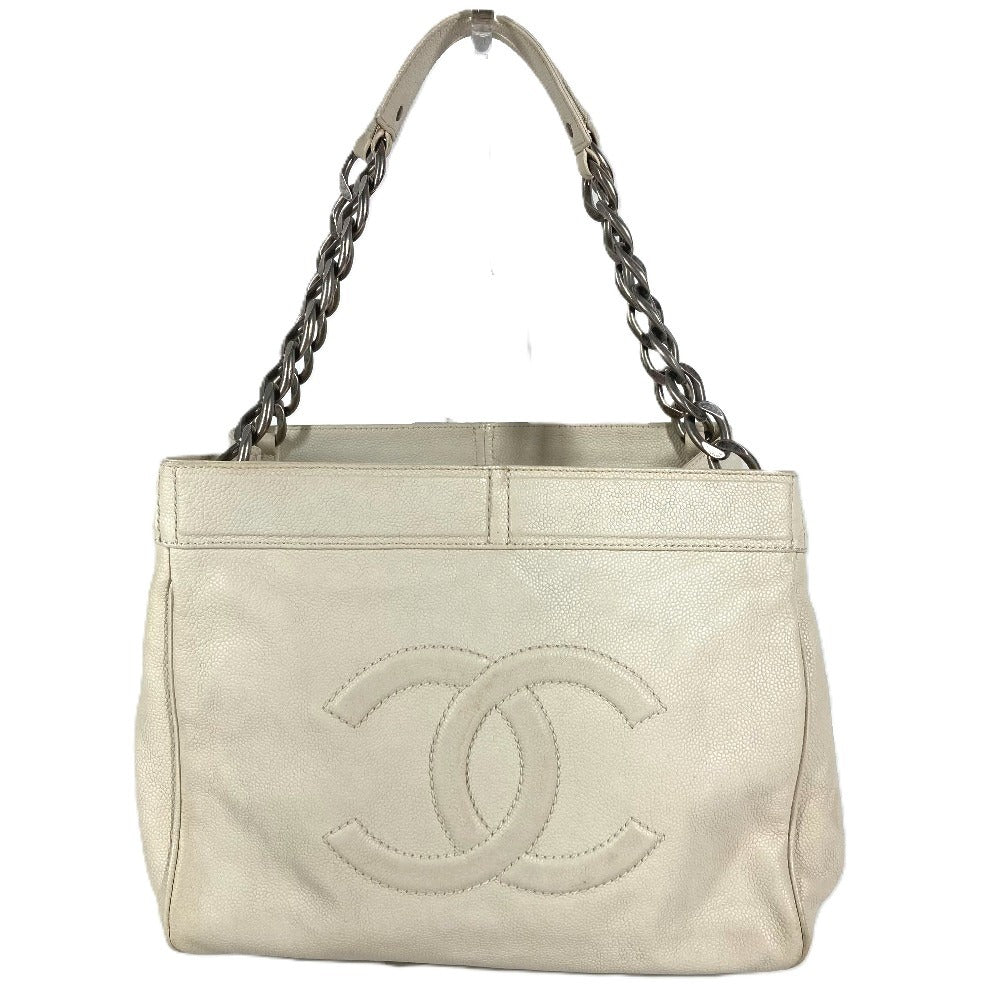CHANEL CC Coco Mark Logo Shoulder Tote Bag with Double Chain, Caviar Leather, White