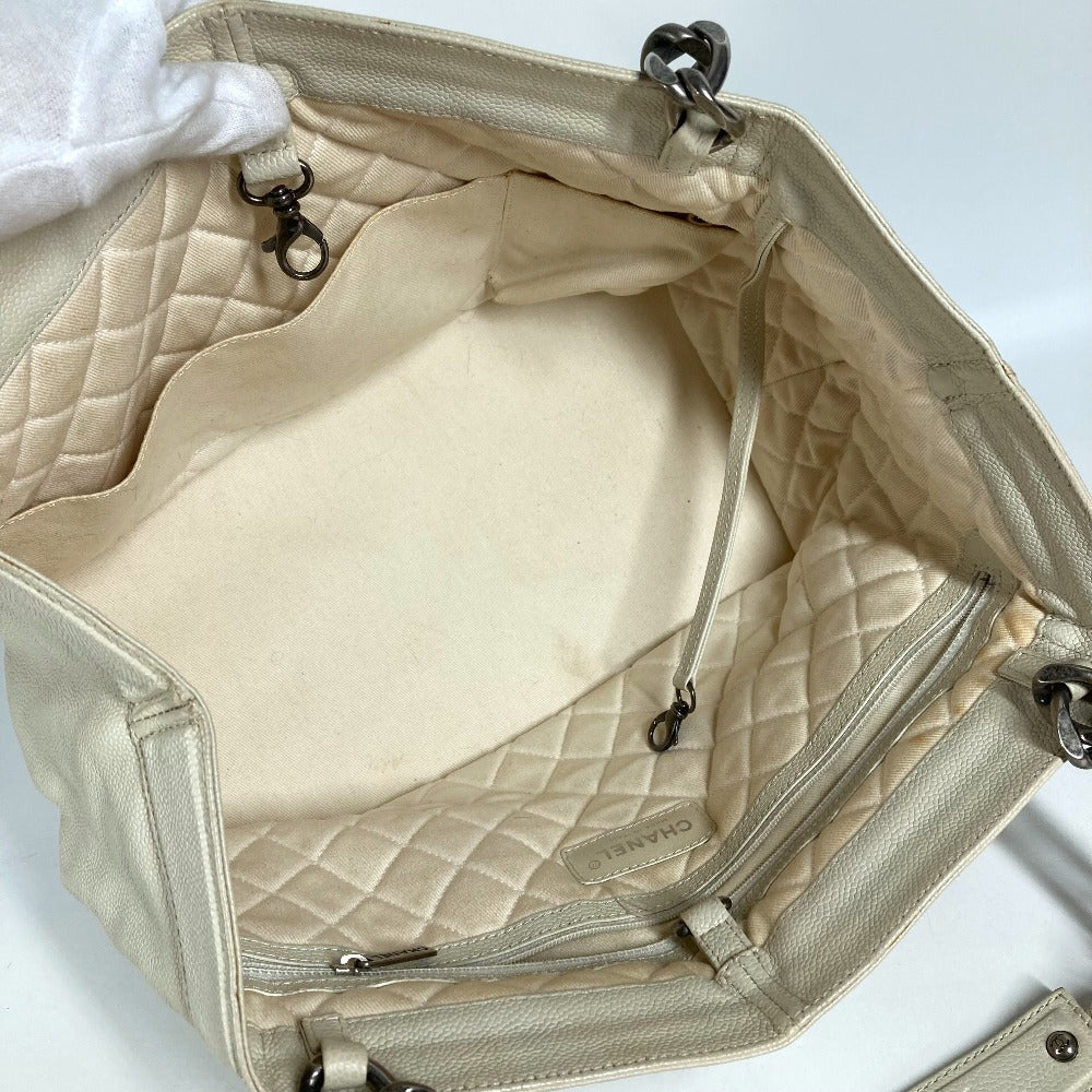 CHANEL CC Coco Mark Logo Shoulder Tote Bag with Double Chain, Caviar Leather, White