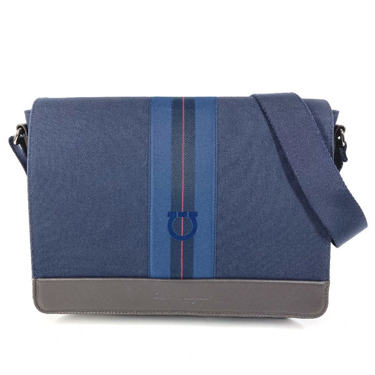 Salvatore Ferragamo ロゴ メッセンジャーバッグ カバン フラップ ショルダーバッグ キャンバス/レザー ユニセックス ネイビー