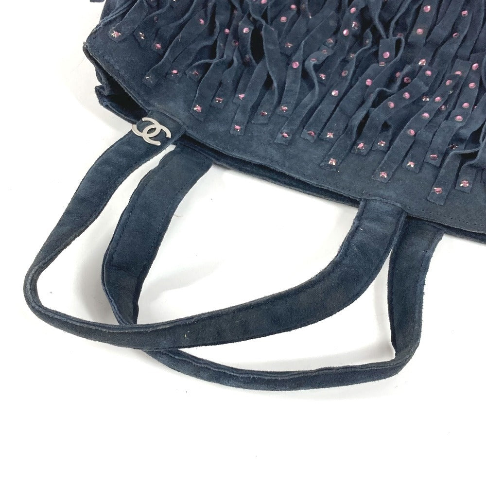 CHANEL ヴィンテージ フリンジ タッセル CC ココマーク ロゴ ラインストーン トートバッグ カバン ミニバッグ ハンドバッグ ヌバック レディース ネイビー