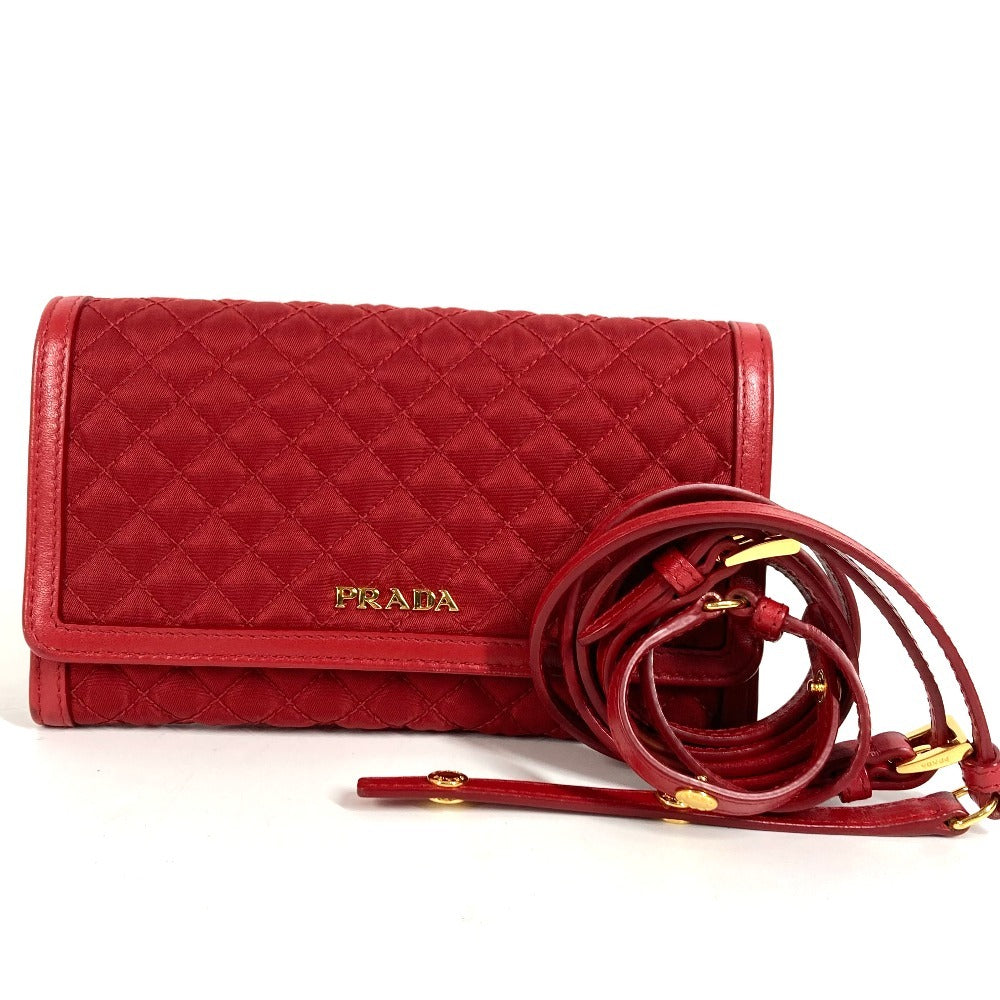 PRADA 1M1437 Shoulder Bag, Shoulder Wallet, Logo, Quilted, Long Wallet, Wallet Bag, Long Wallet, Nylon, Unisex, Red
