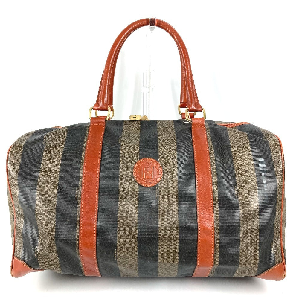 FENDI Vintage Pecan Logo Handbag Travel Bag Boston Bag PVC/Leather Unisex Khaki