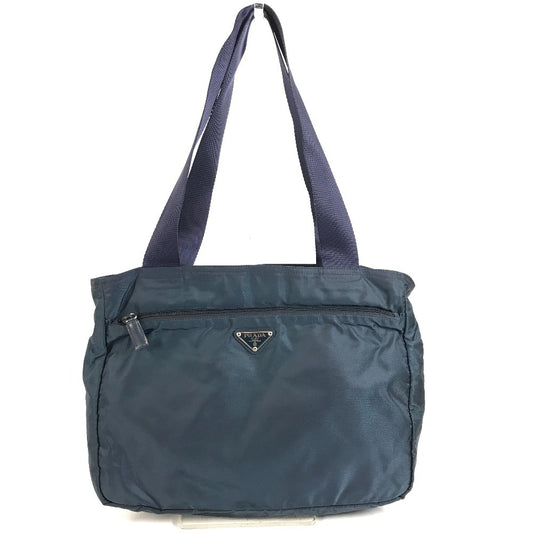 PRADA Triangle Logo Plate Shoulder Tote Bag Nylon Unisex Navy