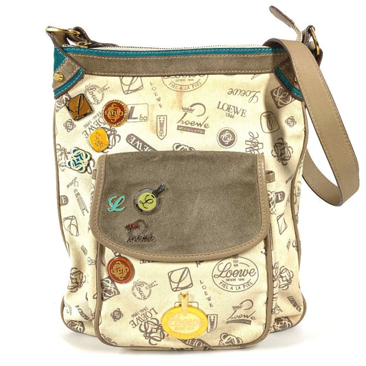 LOEWE 160周年記念 ロゴ 斜め掛け カバン ポシェット 総柄 ショルダーバッグ レザー/キャンバス ユニセックス ベージュ系