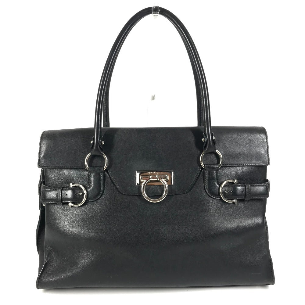Salvatore Ferragamo Gancini Logo Shoulder Bag Flap Tote Bag Business Bag Shoulder Bag Leather Unisex Black