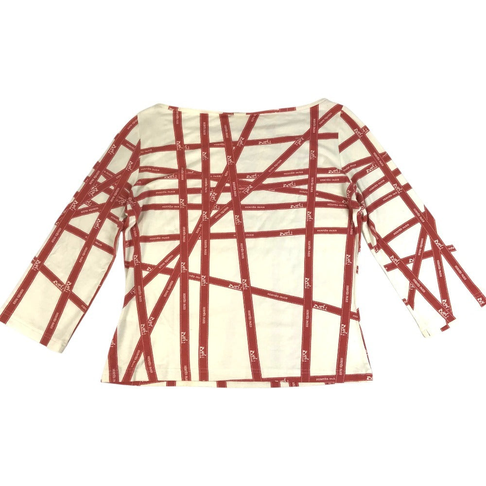 HERMES Allover Pattern Logo Bolduc Ribbon Apparel Top Three-Quarter Sleeve Other Top Rayon Women's Red
