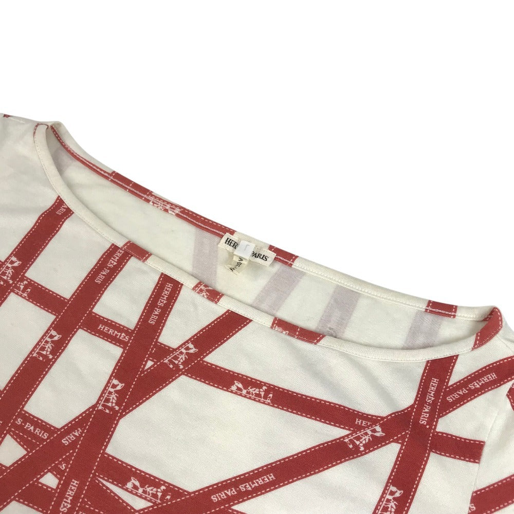HERMES Allover Pattern Logo Bolduc Ribbon Apparel Top Three-Quarter Sleeve Other Top Rayon Women's Red