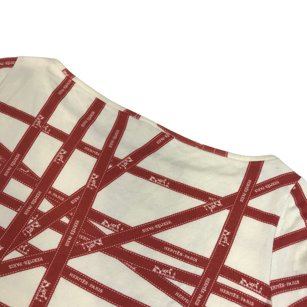 HERMES Allover Pattern Logo Bolduc Ribbon Apparel Top Three-Quarter Sleeve Other Top Rayon Women's Red