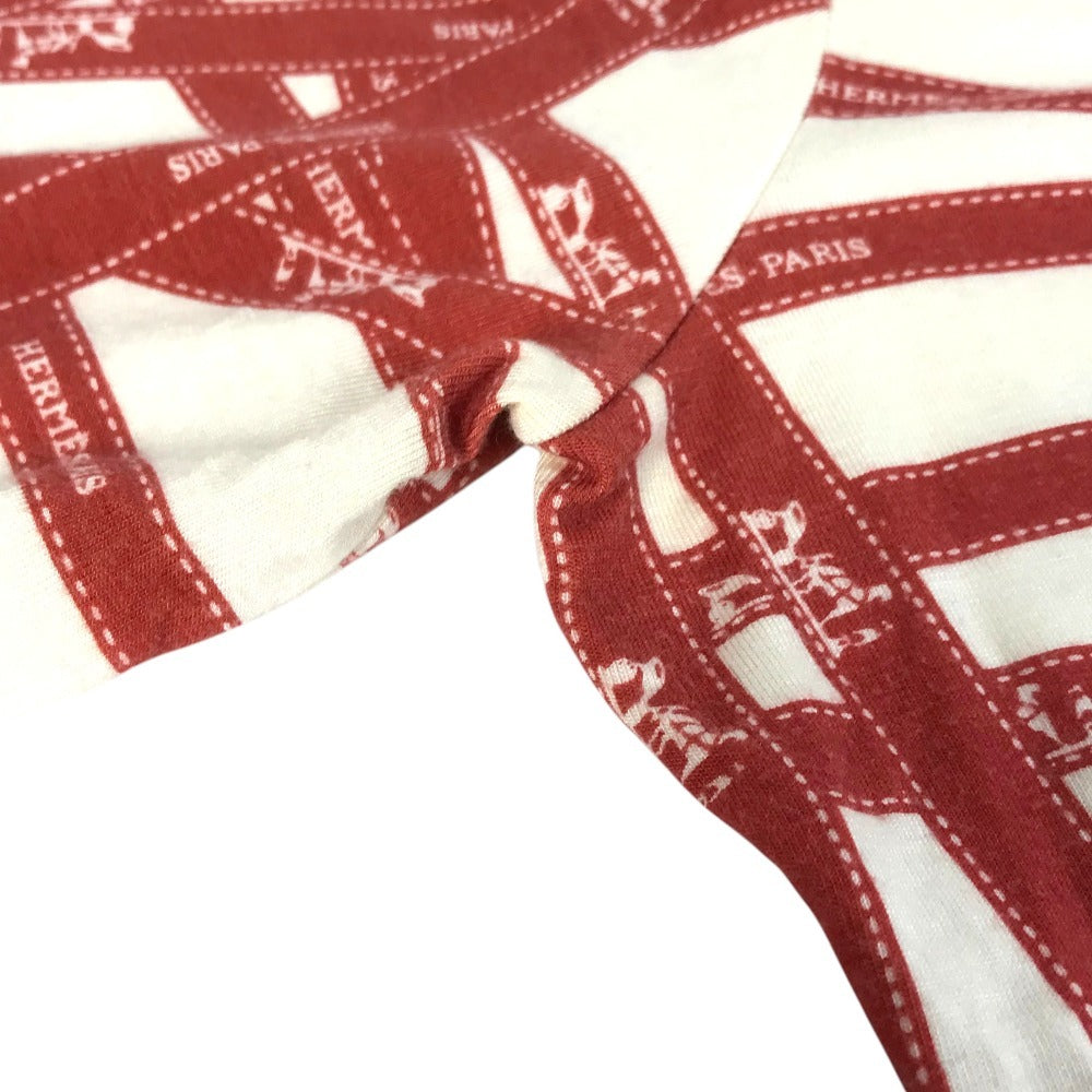 HERMES Allover Pattern Logo Bolduc Ribbon Apparel Top Three-Quarter Sleeve Other Top Rayon Women's Red