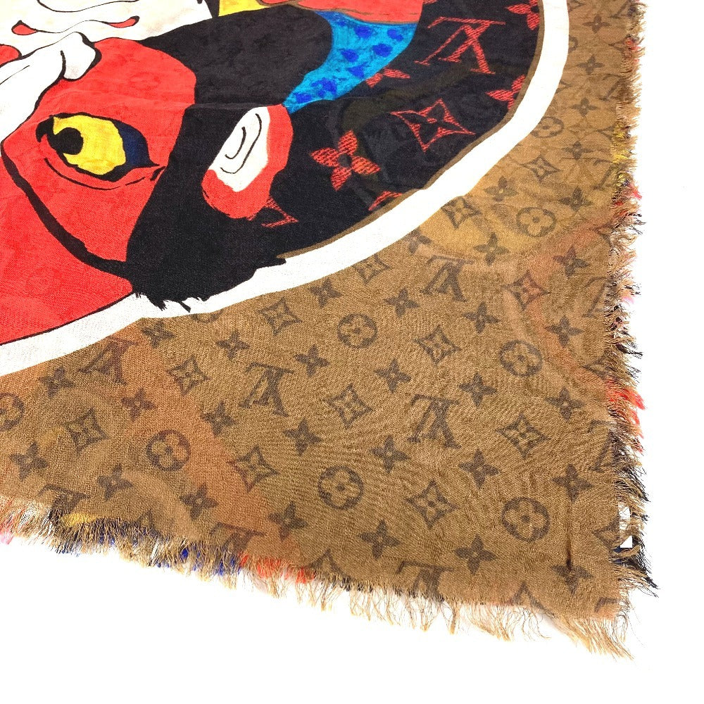 LOUIS VUITTON MP1941 Kansai Yamamoto Monogram Etole Kabuki Sticker Large Stole Shawl Silk Unisex Beige