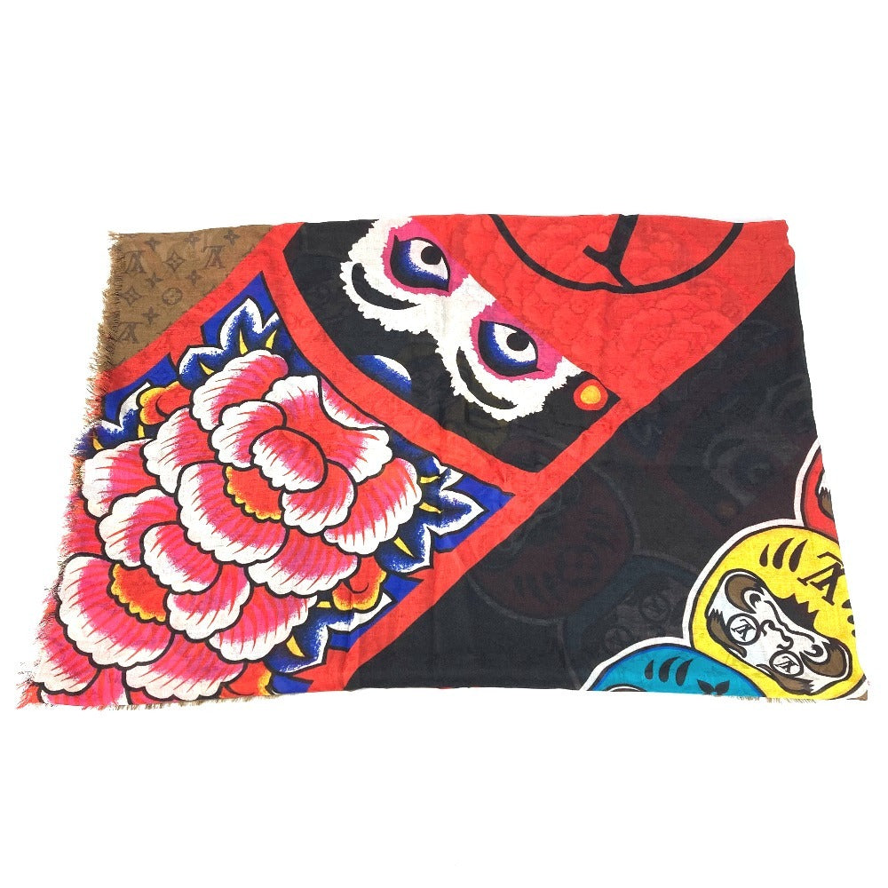 LOUIS VUITTON MP1941 Kansai Yamamoto Monogram Etole Kabuki Sticker Large Stole Shawl Silk Unisex Beige