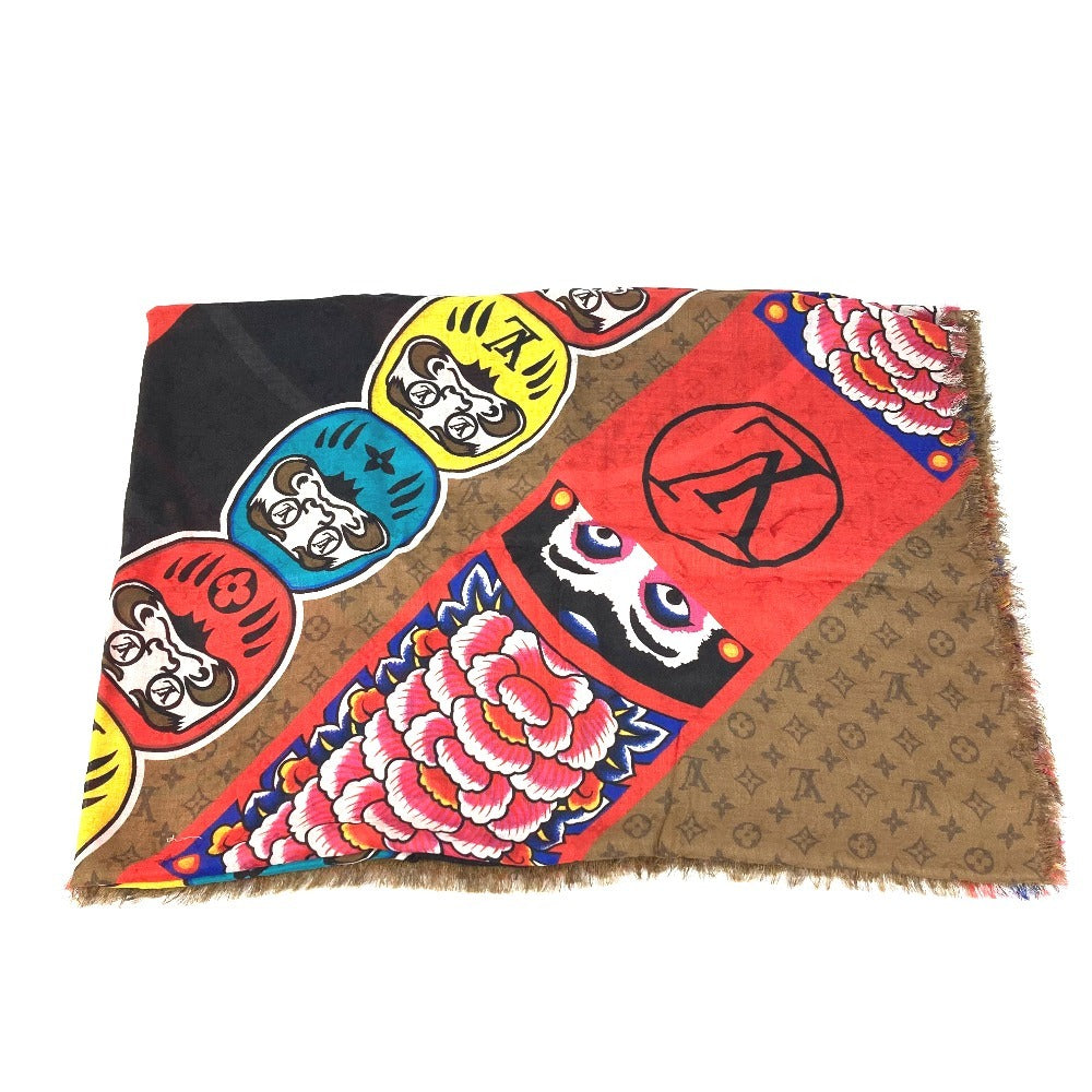 LOUIS VUITTON MP1941 Kansai Yamamoto Monogram Etole Kabuki Sticker Large Stole Shawl Silk Unisex Beige