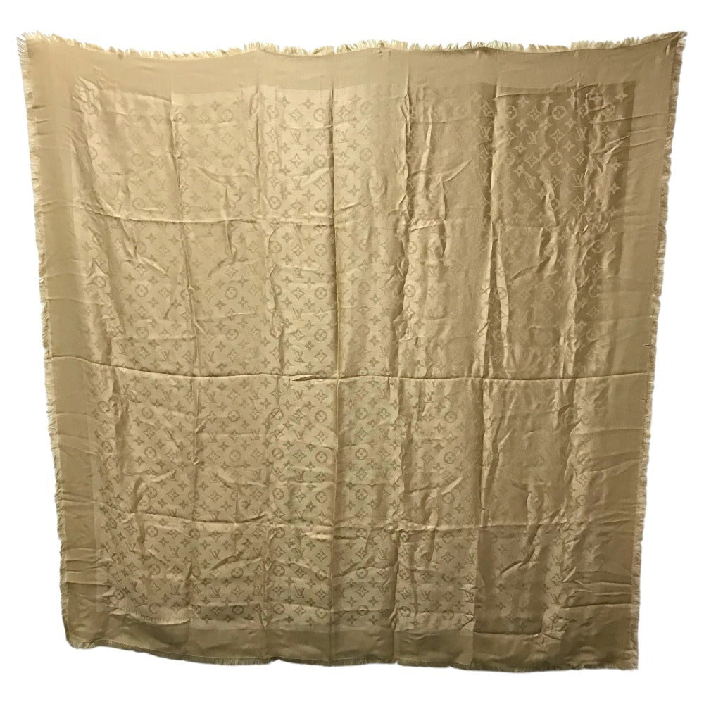 LOUIS VUITTON Monogram Large Apparel Accessory Stole Fringe Muffler Shawl Wool Unisex Beige