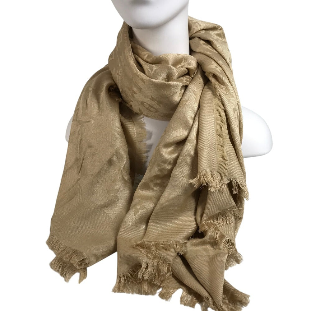 LOUIS VUITTON Monogram Large Apparel Accessory Stole Fringe Muffler Shawl Wool Unisex Beige